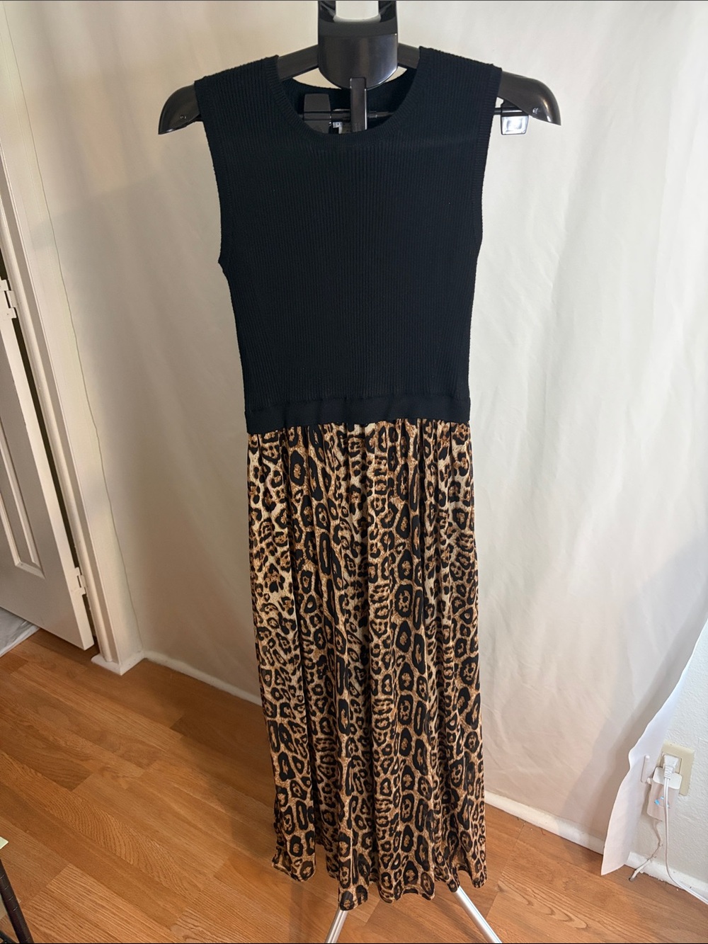 Nicole Miller Black Knit Bodice Leopard Print Maxi Dress